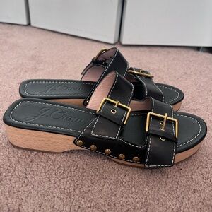 J. Crew Black Mules with Gold Accents
